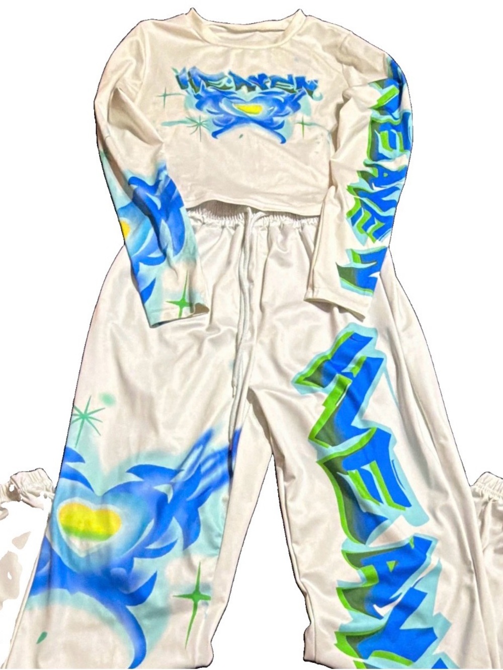 Kids Lightweight White Blue Green Airbrush-Print Set Size M